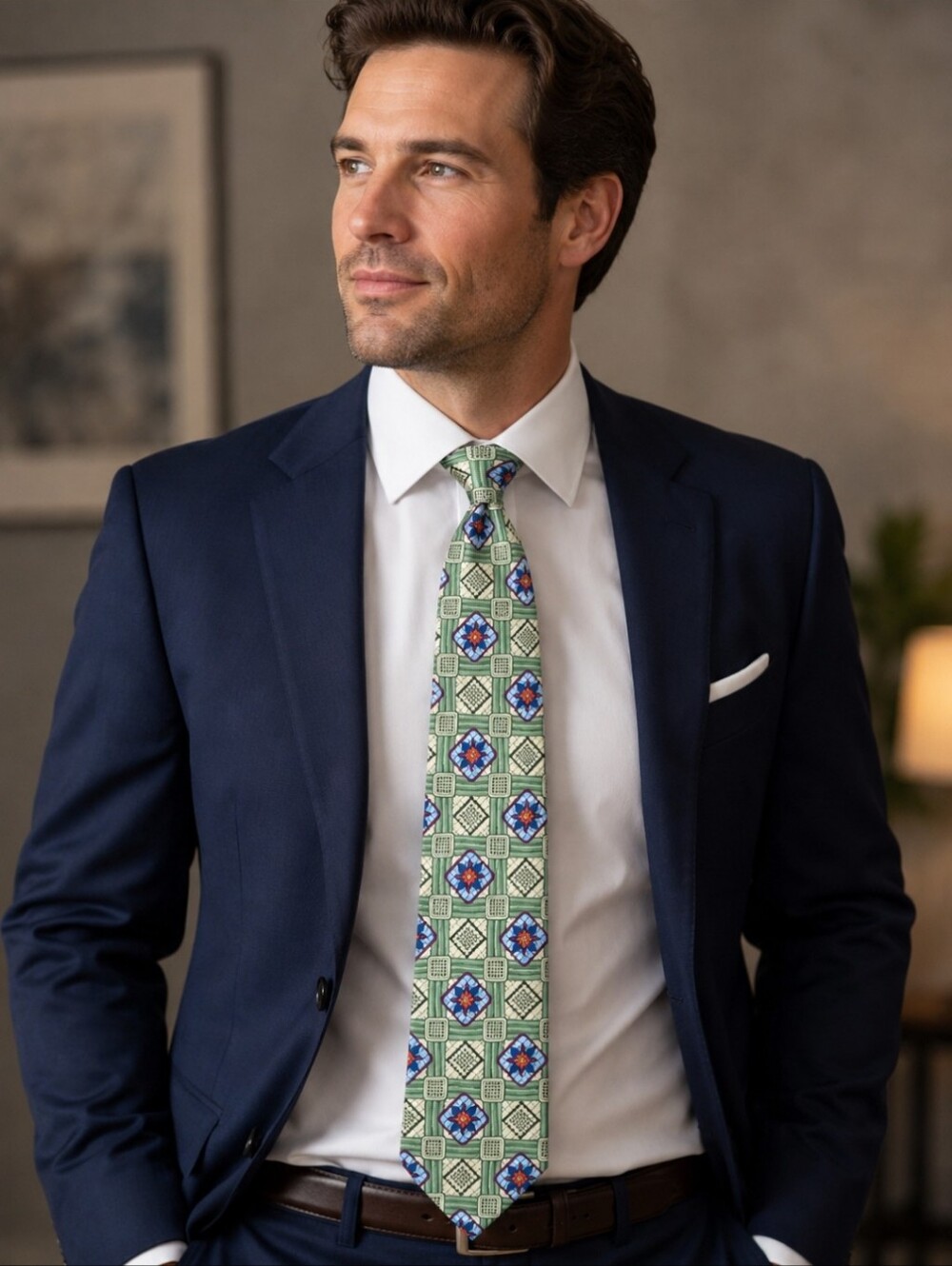 Jos.A.Bank 100% Jacquard Silk Sage Green Blue men's Geometrical Flowers Necktie
